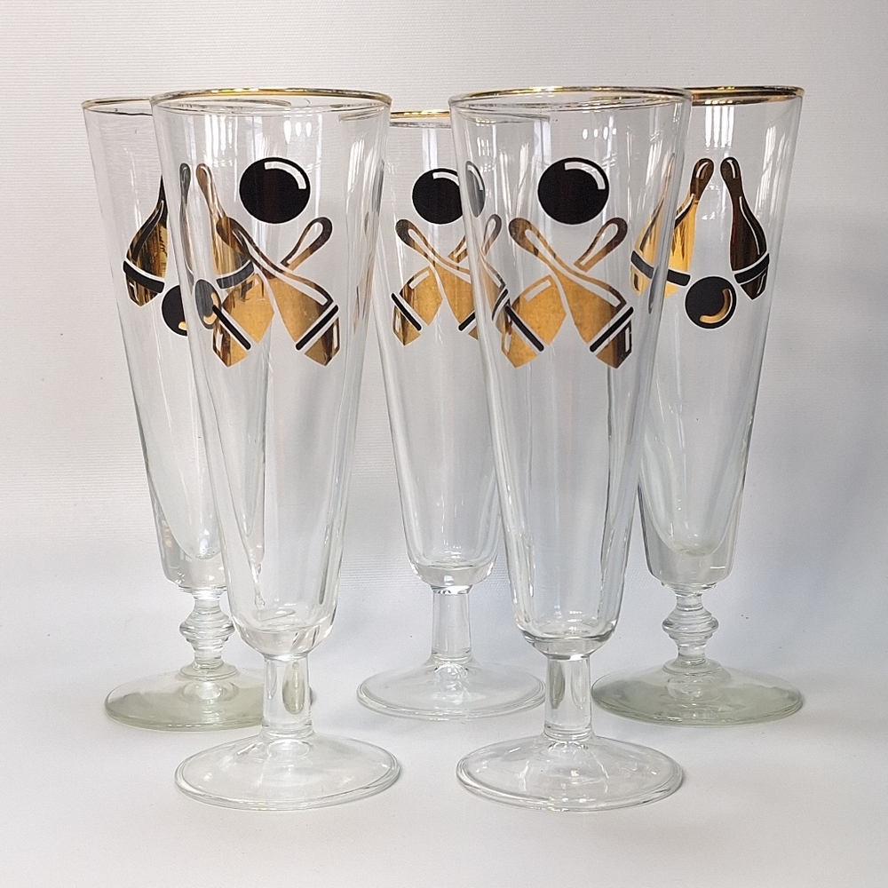 Vintage MCM Bowling Black & Gold Print 10oz Pilsner Cocktail Parfait Glasses, 5